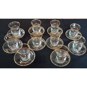 Vtg Pasabahce Turkish Tea Set 10 Glass Cups & Saucers Glass Gold New w/Labels